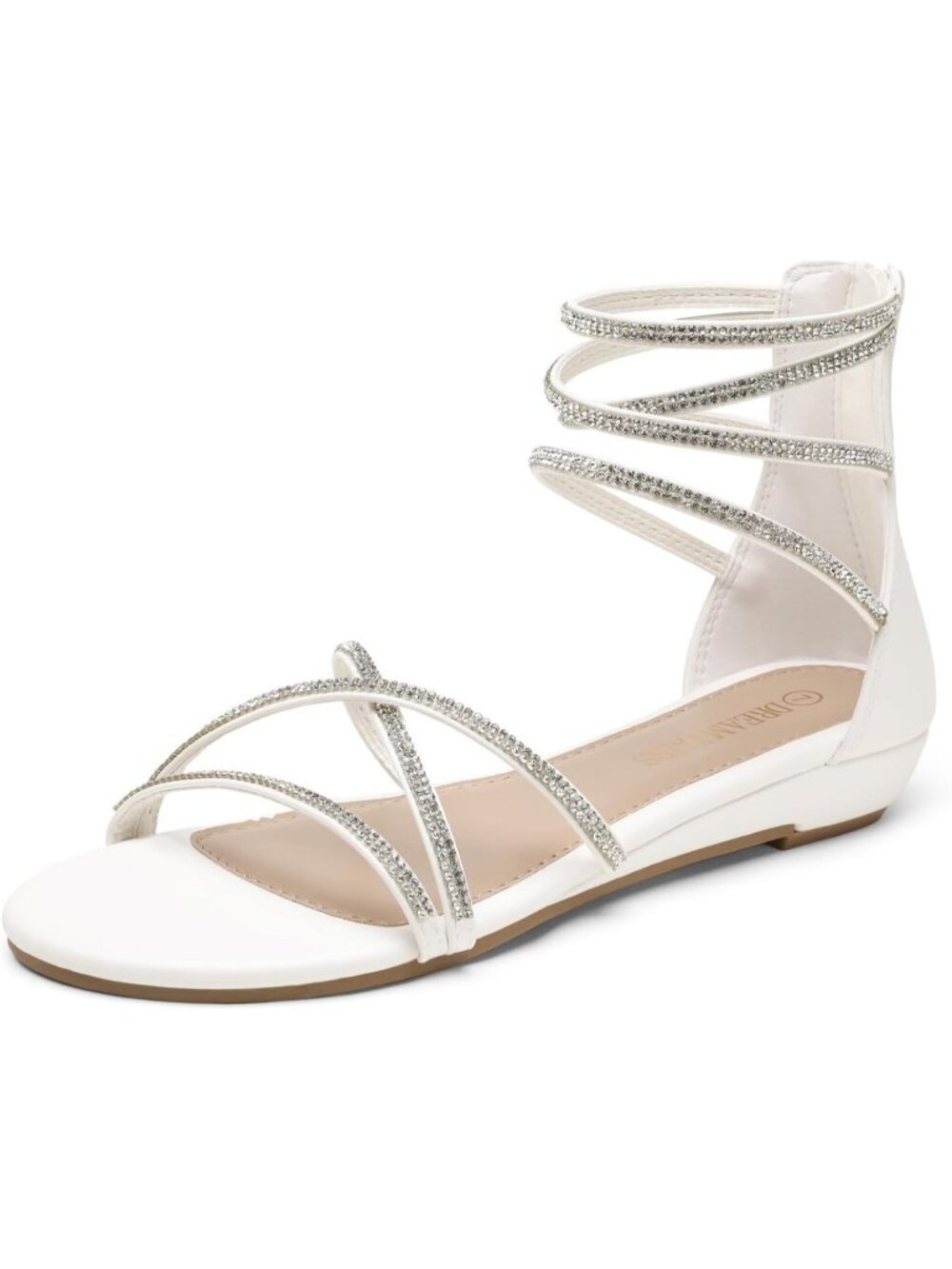 Women's White Summer Ankle Straps Flats Strappy Gladiators Rhinestones Sandals